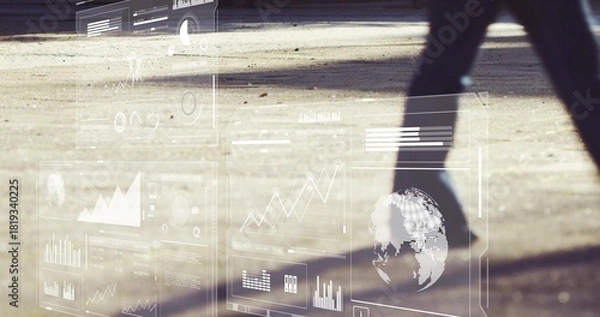 Obraz Walking legs casting long shadows on pavement, dark pants, HUD floating, debris, copy space