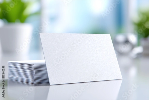 Fototapeta Blank business cards stacked on a glossy desk in bright office light, presenting clean corporate branding concept with space for identity design and modern professional communication theme.