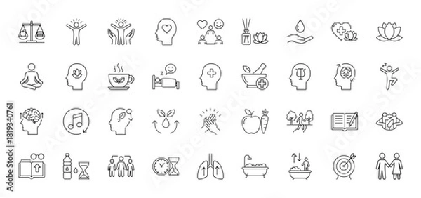 Fototapeta Self-care and well-being line icon set. Vector pictograms of human figures, lotus flowers, brain, heart, meditation, sleep, scales, tea cup, and hourglass, thin linear illustration.