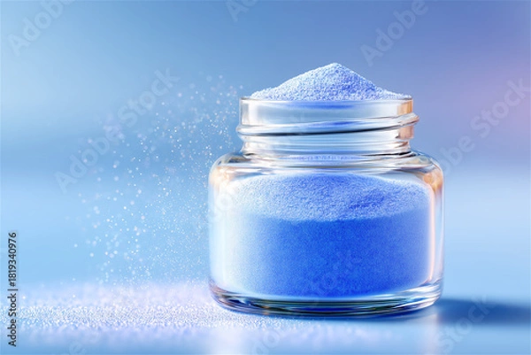 Fototapeta Glass jar filled with fine blue powder on a clean gradient background, symbolizing supplement mix, health product, modern wellness trend and minimalistic laboratory-inspired style.