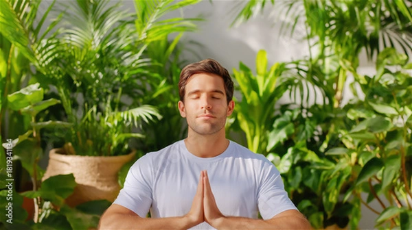 Fototapeta Man sitting outdoors in lush greenery with eyes closed and hands in prayer position, practicing calmness, mindfulness and peaceful relaxation in nature.