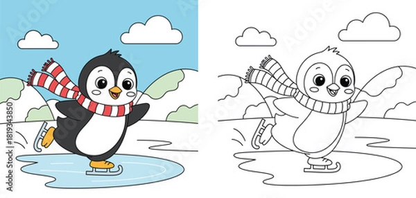 Fototapeta Cute cartoon penguin ice skating on frozen pond coloring book page. Vector illustration of happy bird character in winter scarf for kids education
