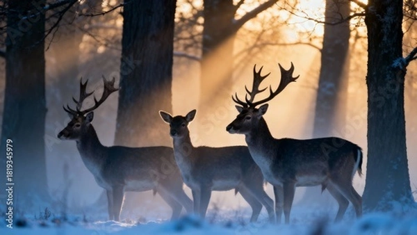 Obraz 겨울숲속안개사이로보이는사슴가족의평화로운아침풍경