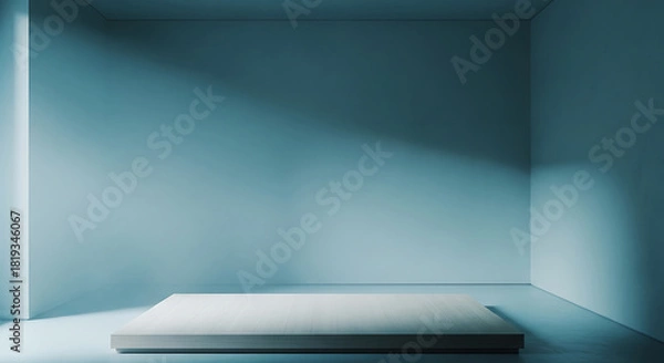 Fototapeta Podium in a minimalist blue room with shadow