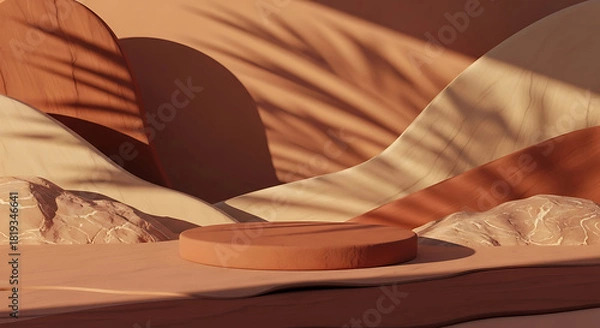 Fototapeta Podium on sand with palm shadow