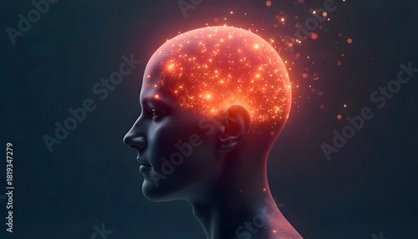 Obraz glowing abstract human head silhouette filled with vibrant particles represents creativity and imagination. luminous effect evokes sense of wonder and inspiration