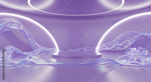 Fototapeta Podium with flowing iridescent fabric