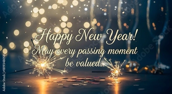 Fototapeta Happy new year sparklers and champagne glasses with bokeh lights