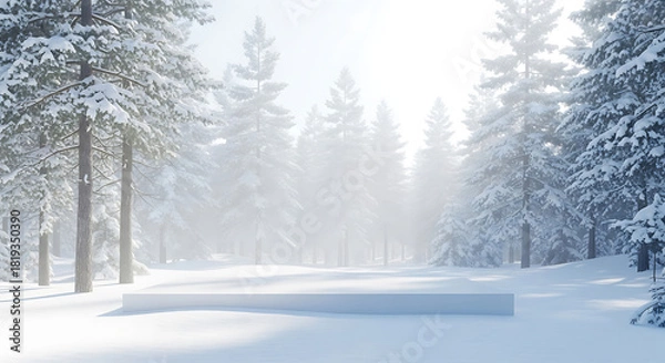 Fototapeta Winter forest with snow-covered trees and pedestal