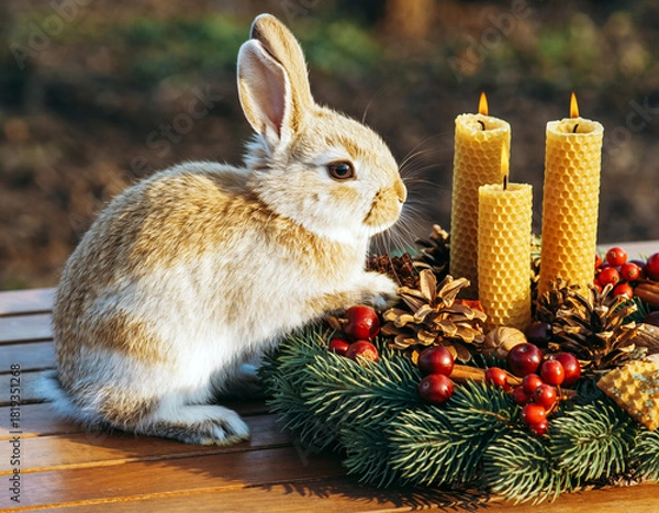 Obraz Rabbit beside a garland centerpiece surrounded by pinecones and beeswax candles. Ai