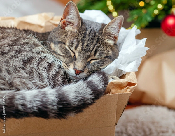 Fototapeta Tabby cat sleeping curled up in a cardboard box by the Christmas tree. Ai