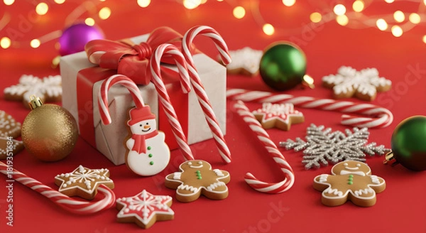 Obraz Festive Christmas scene with wrapped gift, candy canes, gingerbread cookies, snowflakes, ornaments on red background with warm lights, joyful holiday composition for winter marketing, greeting cards