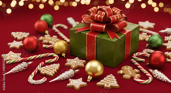 Fototapeta Festive Christmas scene with wrapped gift, candy canes, gingerbread cookies, snowflakes, ornaments on red background with warm lights, joyful holiday composition for winter marketing, greeting cards