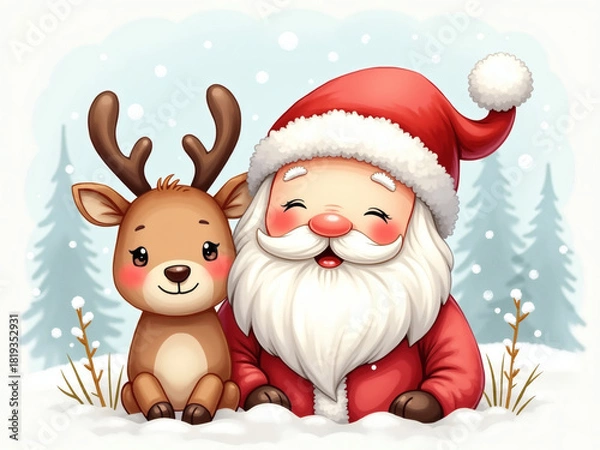 Obraz Joyful moments shared between Santa and his cheerful reindeer in a winter wonderland, capturing the magic of the festive season perfectly