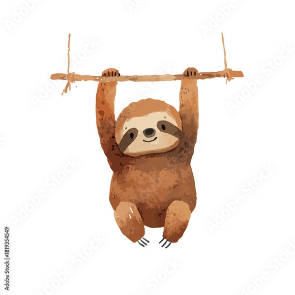 Obraz Cute Sloth Hanging on Branch Watercolor Illustration 2.