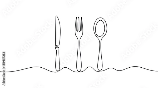 Fototapeta Simple line art of a knife fork and spoon on a wavy line