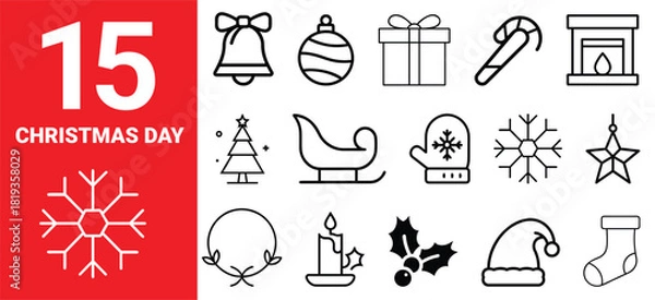 Obraz Christmas day concept with advent calendar number 15 and various festive line icons for holiday celebration design