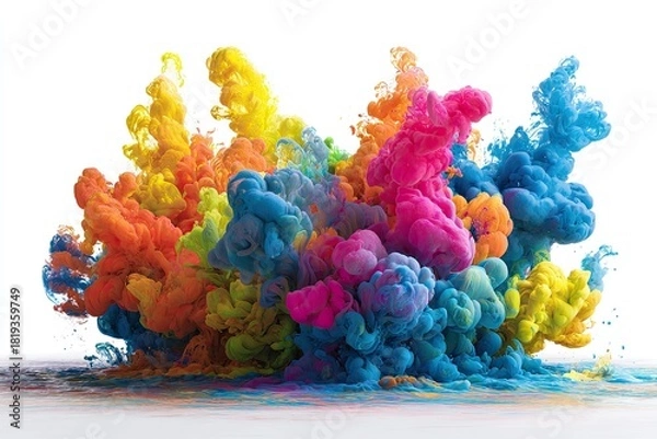 Fototapeta Colorful paint explosion in a cloud-like form on a white background
