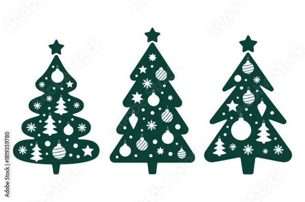 Obraz Three stylized Christmas trees are decorated with ornaments and stars.