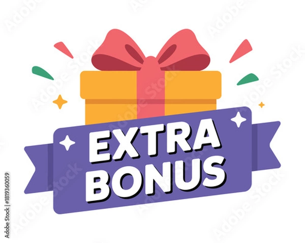Fototapeta A gift box with a ribbon displays the text 'EXTRA BONUS' with festive confetti.