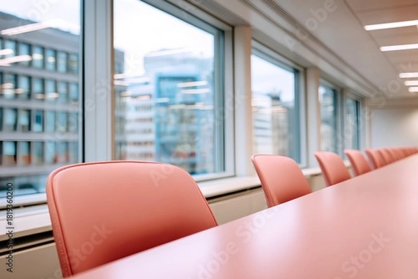 Fototapeta Soft pink modern meeting room featuring a long table surrounded by chairs, creating an inviting atmosphere for collaboration and discussion in a professional setting.