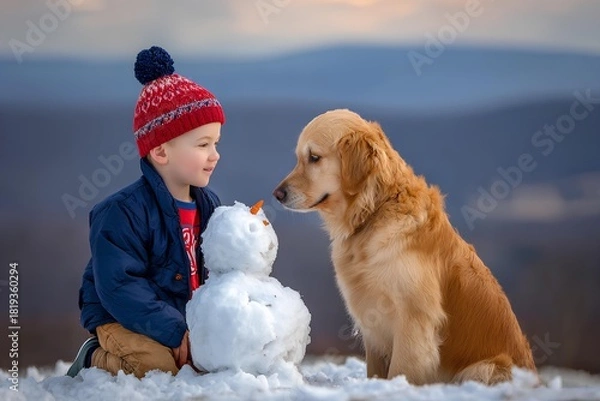 Fototapeta Child in winter attire joyfully interacts with a golden retriever beside a snowman, capturing the essence of playful moments in a snowy landscape with soft sunlight