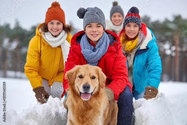 Fototapeta Family enjoying winter fun in snowy landscape, children smiling with golden retriever, wearing colorful jackets and scarves, creating joyful memories in the snow