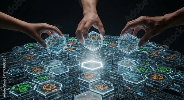 Obraz Digital Collaboration and Technology Integration: Hands Placing Hexagon Blocks in a Futuristic Network