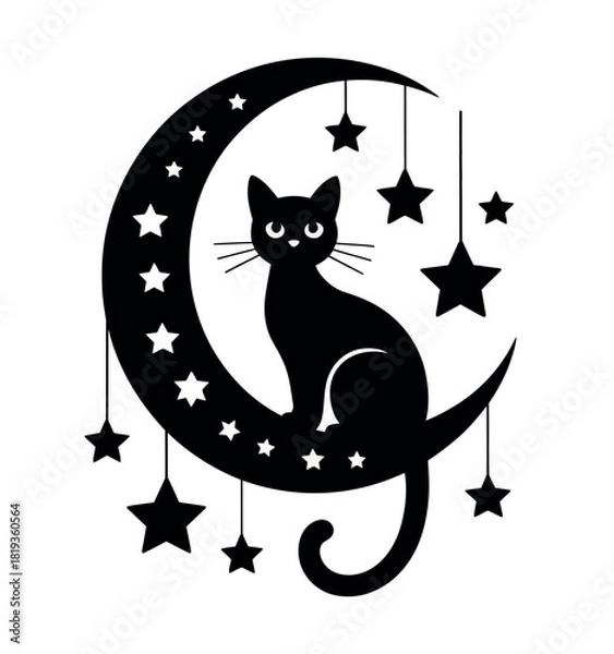 Fototapeta A black cat sits on a crescent moon surrounded by stars.