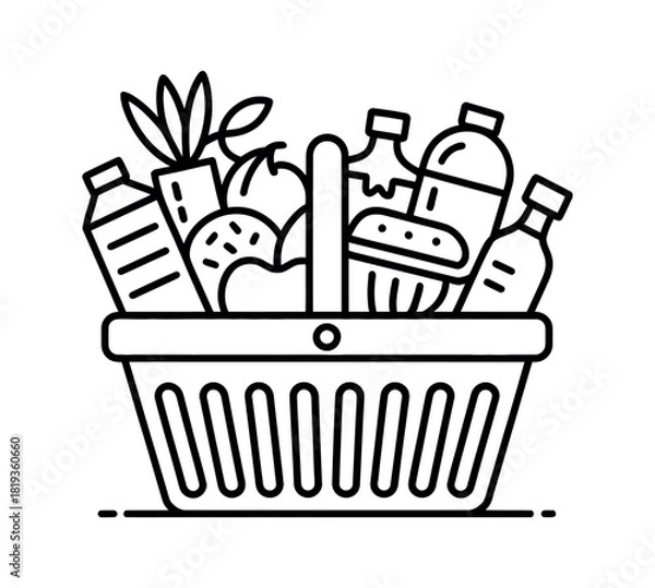 Obraz A grocery basket is filled with a variety of food items and drinks.