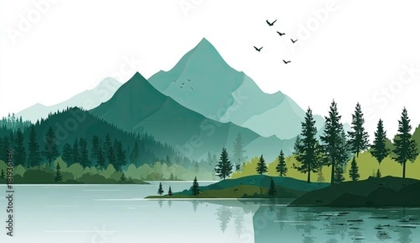 Fototapeta Mountain vista reflected in lake water with forest and birds silhouetted