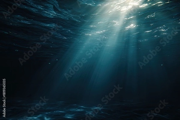 Fototapeta Sunbeams pierce deep, dark blue ocean water from above
