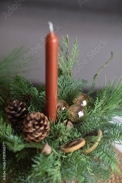 Obraz Christmas arrangements with candles and fir branches. Xmas decorations.