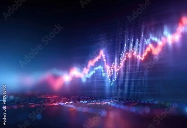 Fototapeta Rising graph with red and blue lines over a bokeh-filled textured surface