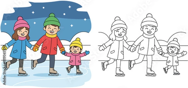 Fototapeta Cute cartoon family ice skating in winter, coloring book page for kids with colored example and outline, vector illustration of happy parents and child on ice rink.