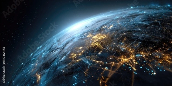Fototapeta Earth from space, illuminated with interconnected glowing light networks