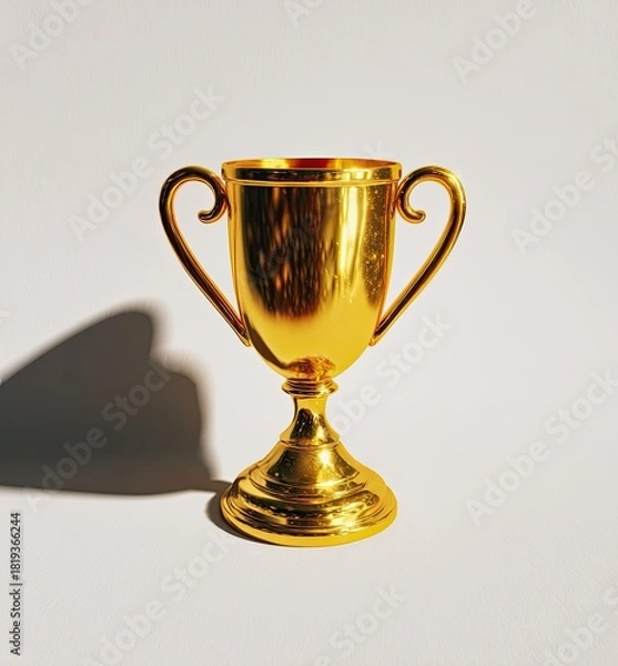 Fototapeta Shiny, golden trophy stands on white surface with a strong shadow cast beside