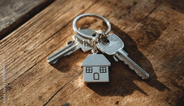 Obraz Keys with house-shaped charm atop rustic wood, sunny, angled perspective