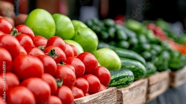 Fototapeta Bright, ripe tomatoes and fresh cucumbers are displayed alongside green apples in a local market
