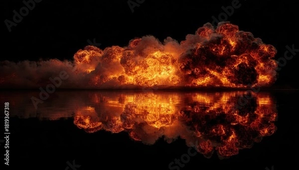 Fototapeta Fiery explosion reflected in a dark surface