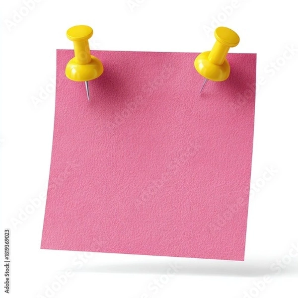 Fototapeta Pink square memo pinned by two yellow pushpins, on white background