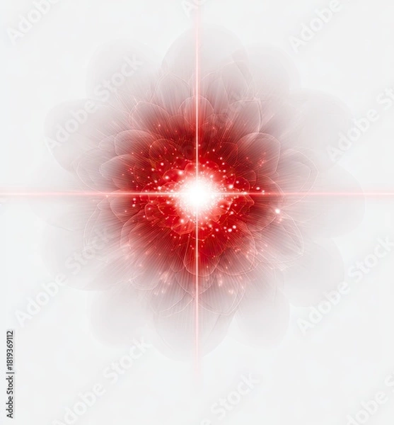Fototapeta Red, glowing, petal-shaped figure with light beams on white backdrop