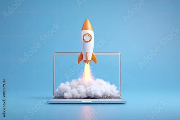 Fototapeta Rocket blasts off from laptop screen with smoke on light blue background