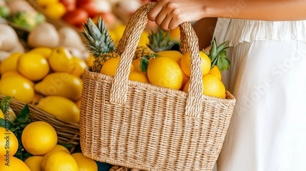 Fototapeta Fresh lemons in a woven basket at a local market surrounded by abundant produce