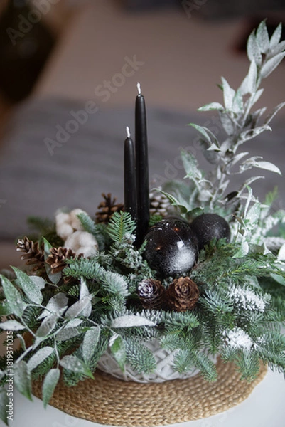 Obraz Winter Holiday Centerpiece With Pine Branches, Candles and Natural Decor