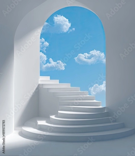 Fototapeta White steps ascend through archway into blue sky with fluffy clouds