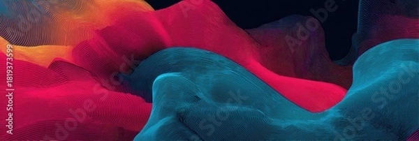 Fototapeta Abstract flowing forms of vibrant layered filaments on dark background