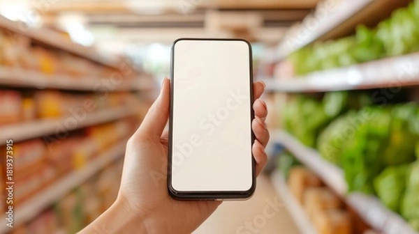 Fototapeta Hand holds a blank smartphone in a grocery store aisle ready for promotions or advertisements, mockup design, shopping list