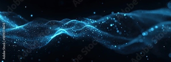 Fototapeta Flowing blue particles on black, resembling a futuristic digital wave