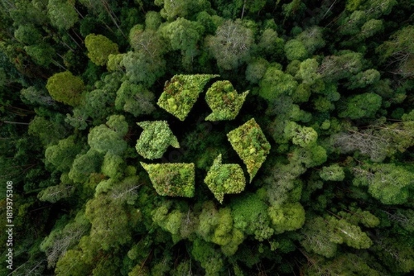 Fototapeta Recycling symbol shaped in green foliage, aerial view of forest canopy